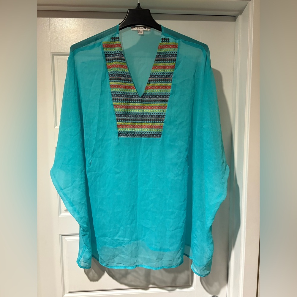 Forever 21 Aqua Green Oversized‎ Swim Coverup Sheer Top S M *no tie (A5)